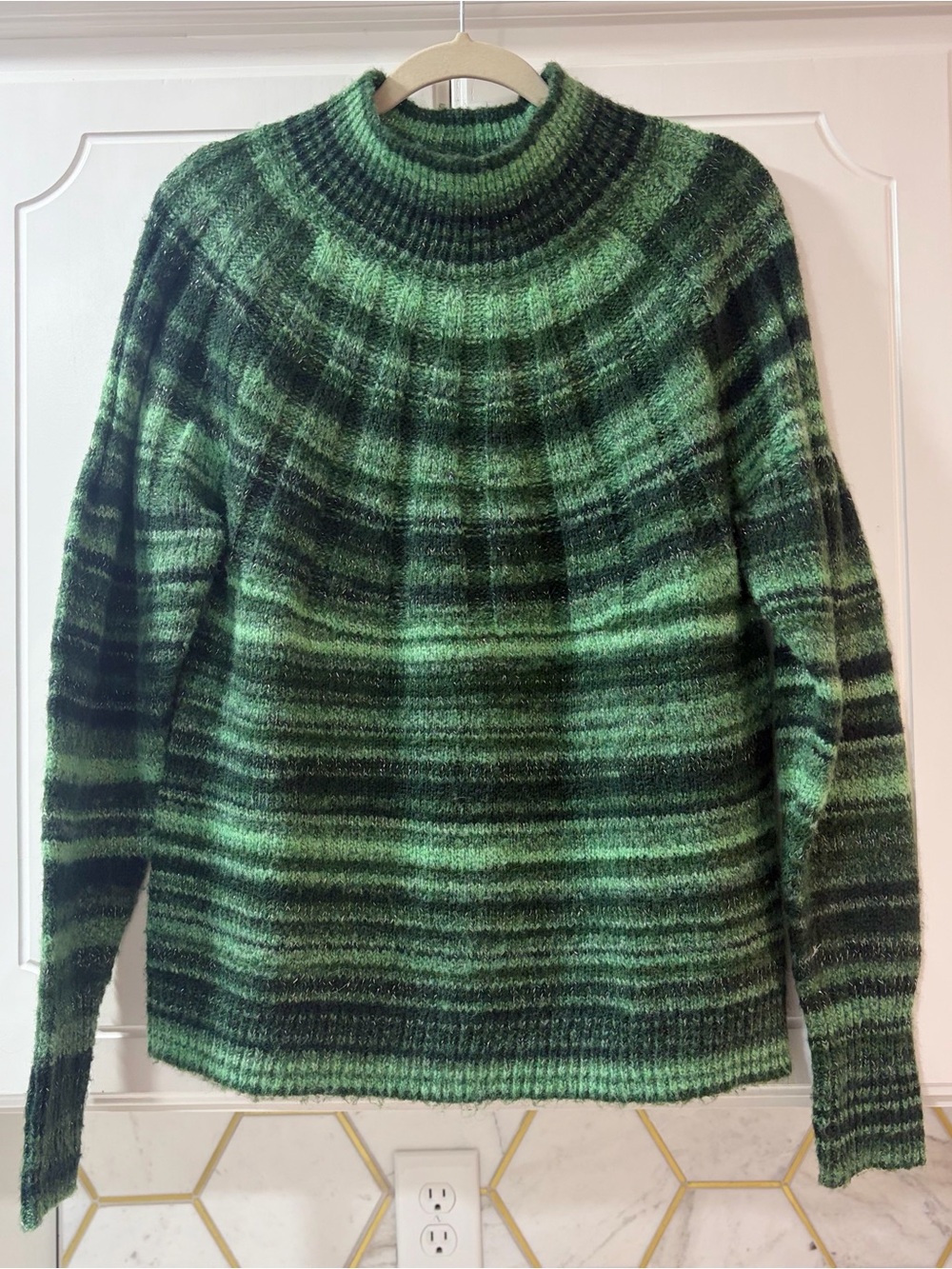 Knox Rose Green Metallic Striped Round Yoke Knit Pullover Sweater Size L Boho